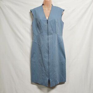 Lafayette 148 New York Sleeveless Full Zip Women Sheath Dress Size 8 Blue Cotton